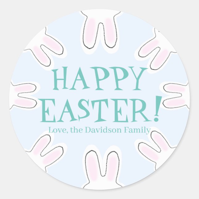 Happy Easter pale blue custom cute bunnies funny Classic Round Sticker (Front)