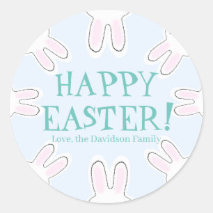 Happy Easter pale blue custom cute bunnies funny Classic Round Sticker