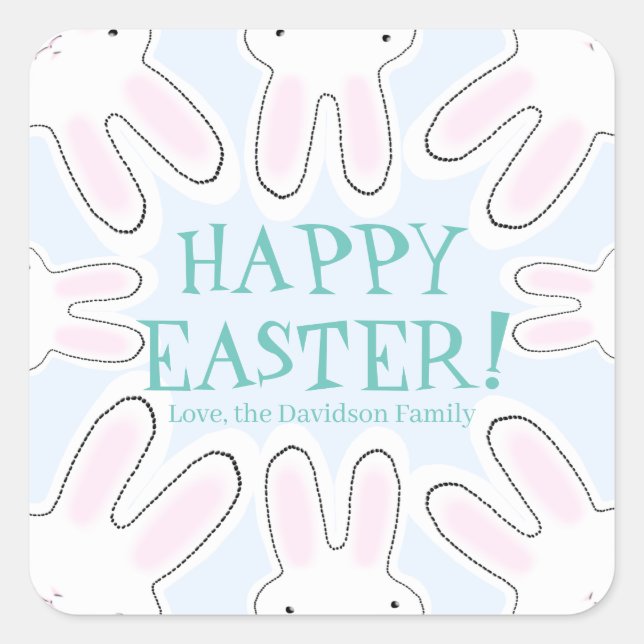 Happy Easter pale blue custom text cute bunnies Square Sticker (Front)