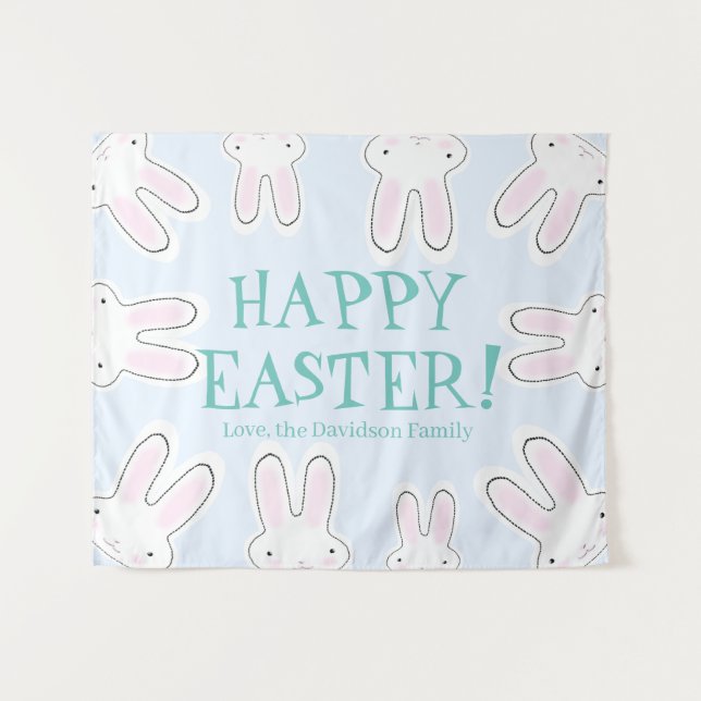 Happy Easter pale blue cute bunnies funny custom  Tapestry (Front (Horizontal))