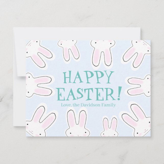 Happy Easter pale blue cute funny bunnies custom Holiday Card (Front)