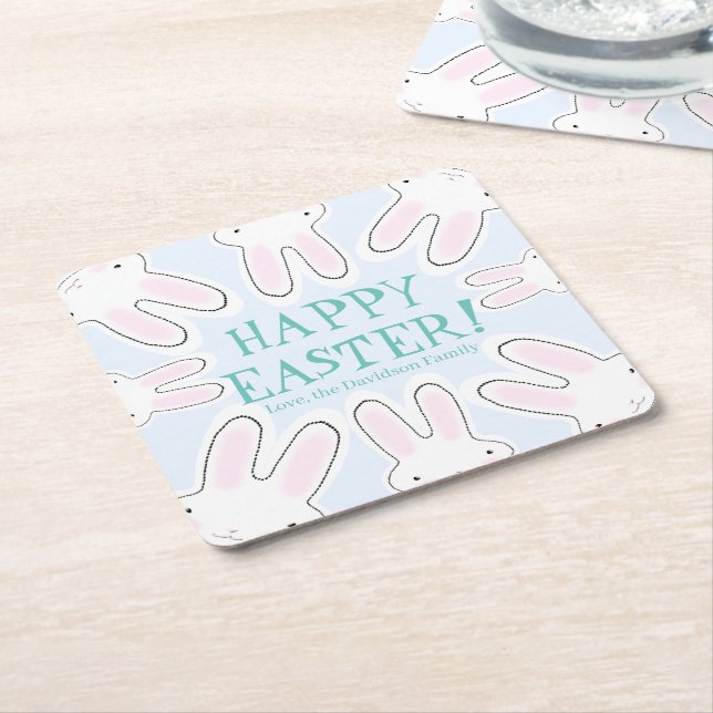 Happy Easter pale blue cute peeking bunnies funny Square Paper Coaster (Angled)