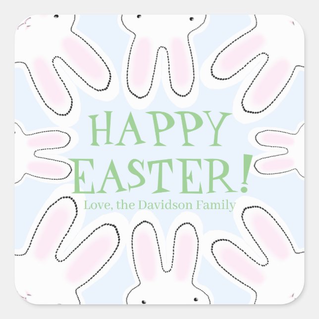 Happy Easter pale blue green custom cute bunnies Square Sticker (Front)