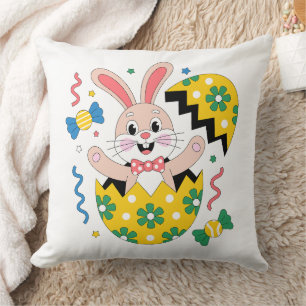 Happy Easter Party Bunny Popping Out of Egg  Cushion