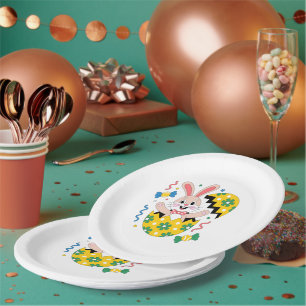 Happy Easter Party Bunny Popping Out of Egg Paper Plate