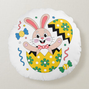Happy Easter Party Bunny Popping Out of Egg  Round Cushion