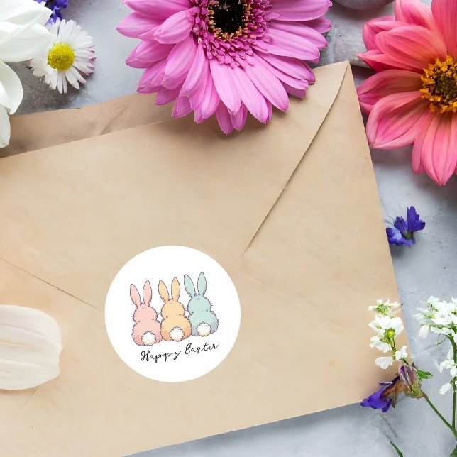 Happy Easter Pastel Bunnies Custom Text  Classic Round Sticker (Creator Uploaded)