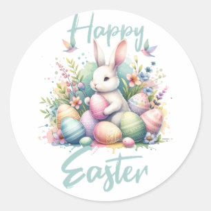 Happy Easter pastel Easter Bunny Egg watercolor Classic Round Sticker