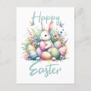 Happy Easter pastel Easter Bunny Egg watercolor Holiday Postcard