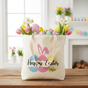 Happy Easter Pastel Eggs and Bunny Ears Custom Tote Bag