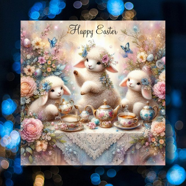 Happy Easter Pastel Floral Lamb Tea Party Holiday Card (Creator Uploaded)