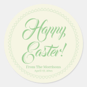 Happy Easter pastel green hearts custom script Classic Round Sticker