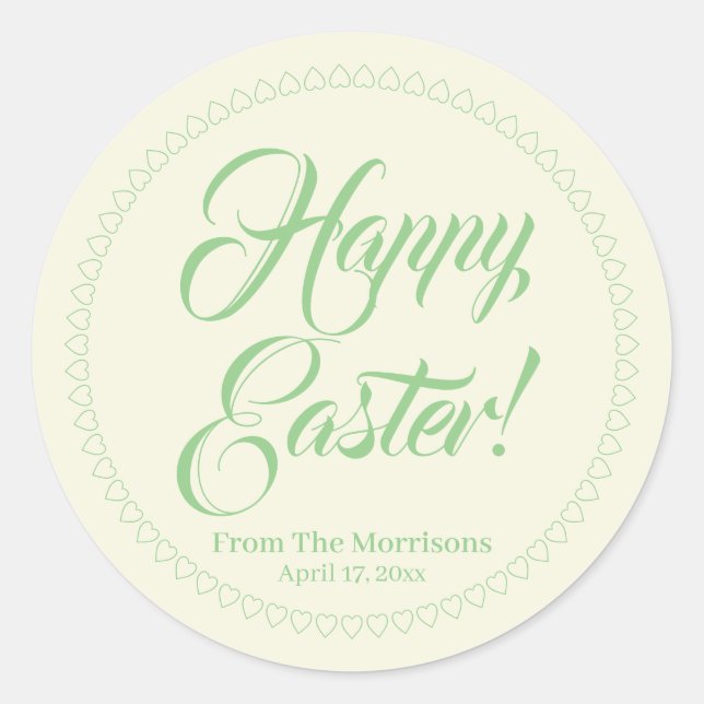 Happy Easter pastel green hearts custom script Classic Round Sticker (Front)