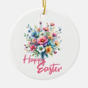 Happy Easter pastel pink spring flower bouquet  Ceramic Tree Decoration