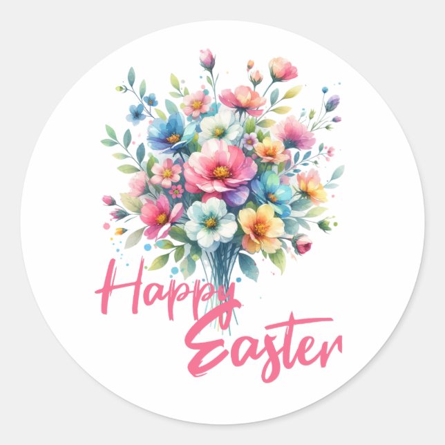 Happy Easter pastel pink spring flower bouquet  Classic Round Sticker (Front)