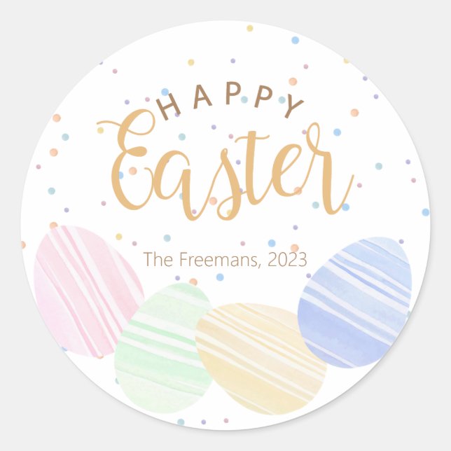 Happy Easter Pastel Watercolor Eggs Round Sticker (Front)