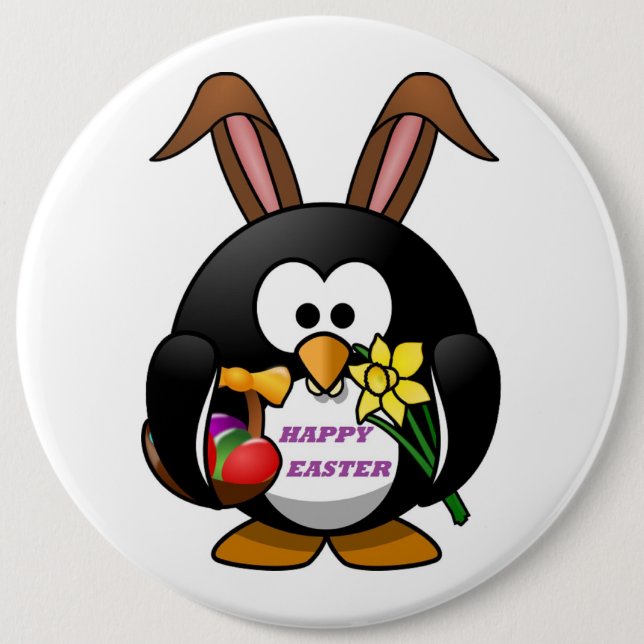 "HAPPY EASTER" PENGUIN BUNNY 6 CM ROUND BADGE (Front)