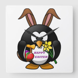 "HAPPY EASTER" PENGUIN BUNNY SQUARE WALL CLOCK