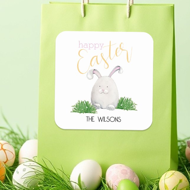 Happy Easter Pet Bunny Watercolor Illustration Square Sticker (Creator Uploaded)