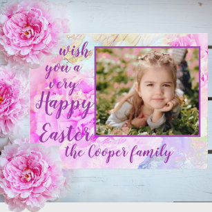 Happy Easter Photo Frame Peony Flowers Postcard