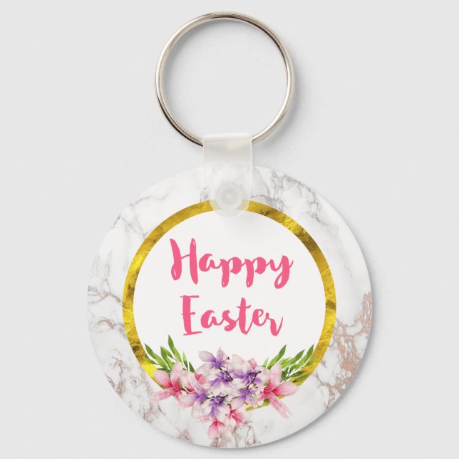Happy Easter  Pink and Purple Watercolor Magnolias Key Ring (Front)