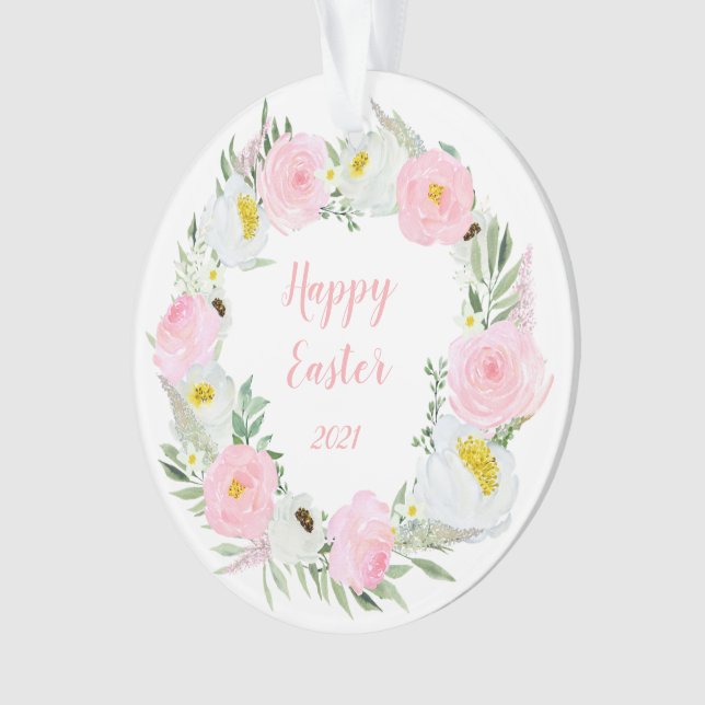 Happy Easter Pink and White Roses Ornament (Front)