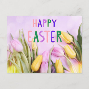 Happy Easter Pink and Yellow Tulip Flowers  Postcard