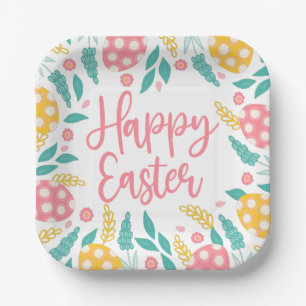 Happy Easter Pink Aqua Easter Eggs Foliage Paper Plate