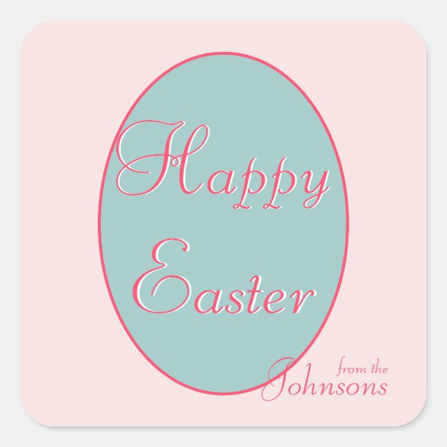 Happy Easter Pink Blue Easter Egg Family Name Square Sticker (Front)