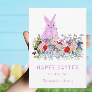 Happy Easter Pink Bunny and Spring Florals Holiday Postcard