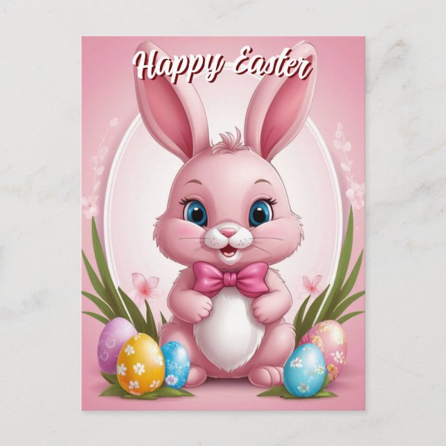 Happy Easter Pink Bunny Holiday Postcard (Front)