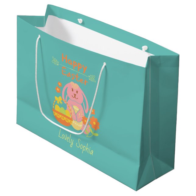 Happy Easter Pink Bunny  Large Gift Bag (Front Angled)