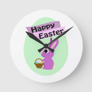 Happy Easter! Pink Bunny Round Clock