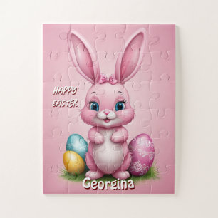 Happy Easter Pink Easter Bunny Personalised Jigsaw Puzzle