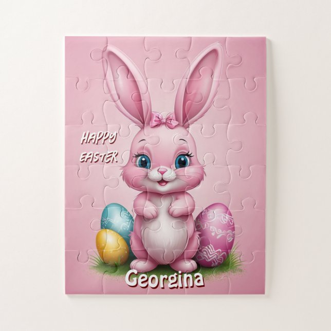 Happy Easter Pink Easter Bunny Personalised  Jigsaw Puzzle (Vertical)