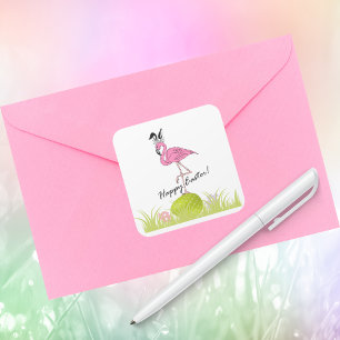 Happy Easter Pink Flamingo Bunny Ears and Eggs  Square Sticker