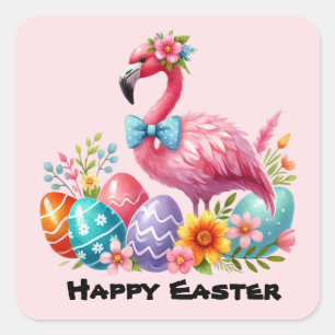 Happy Easter pink flamingo Holiday  Square Sticker