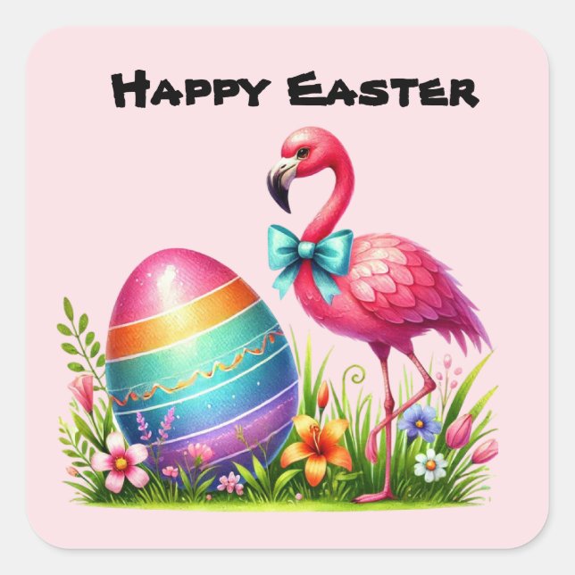 Happy Easter pink flamingo Holiday Square Sticker (Front)