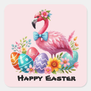Happy Easter pink flamingo Holiday  Square Sticker