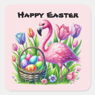 Happy Easter pink flamingo Holiday  Square Sticker