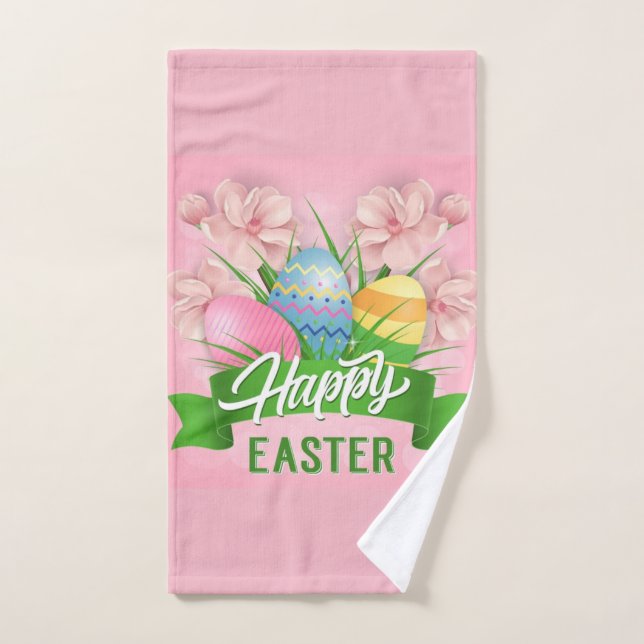 Happy Easter Pink Flowers And Eggs Bath Towel Set (Hand Towel)