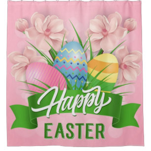 Happy Easter Pink Flowers And Eggs Shower Curtain