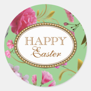 Happy Easter Pink Flowers Classic Round Sticker