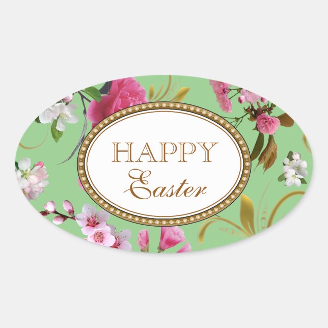 Happy Easter Pink Flowers Oval Sticker (Front)