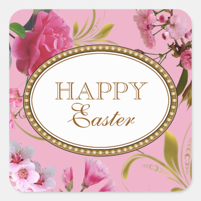 Happy Easter Pink Flowers Square Sticker (Front)