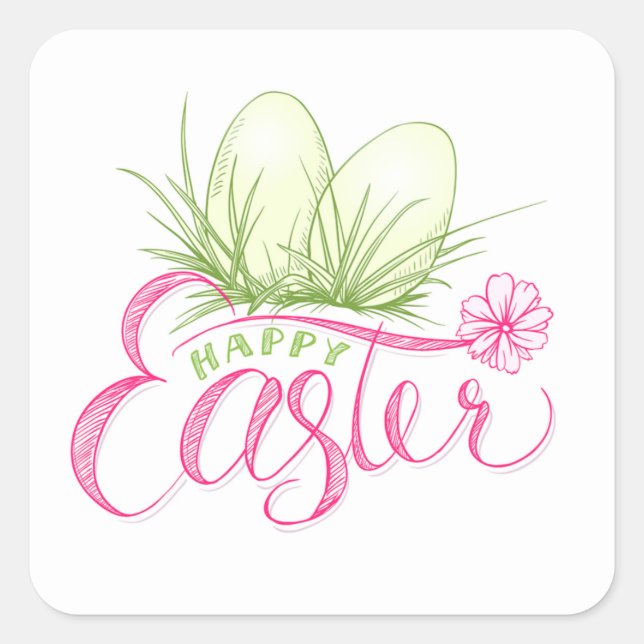 Happy Easter Pink Green Eggs  Square Sticker (Front)