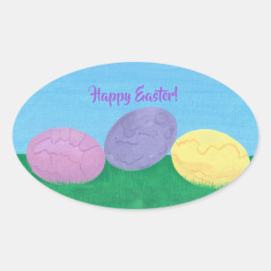Happy Easter Pink Purple Yellow Eggs in Grass Oval Sticker