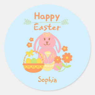 Happy Easter Pink Rabbit and Flowers   Classic Rou Round Sticker