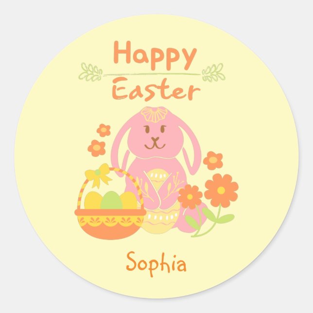 Happy Easter Pink Rabbit and Flowers  Classic Round Sticker (Front)