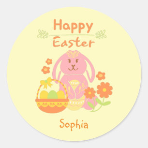 Happy Easter Pink Rabbit and Flowers Classic Round Sticker